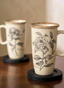 Cirelle 1 pieza Taza de cerámica vintage con estampado floral, taza de postre o queso de estilo vintage francés de lados altos, material de cerámica, estampado floral vintage, gran capacidad para capuchino, postre, jugo, uso casual, té de la tarde, oficina - Multicolor - Ver 3