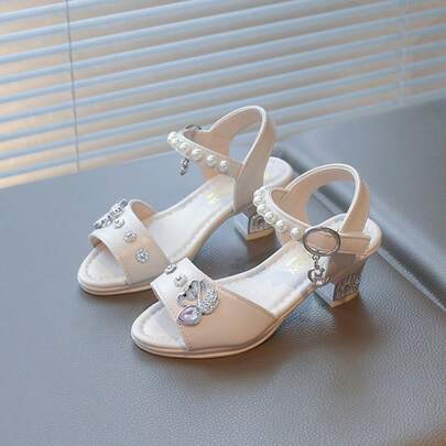1 par de sandalias de tacón alto grueso para niños con decoración de perlas y lazos, zapatos de vestir de cuero de bajo corte para fiesta y boda de niñas