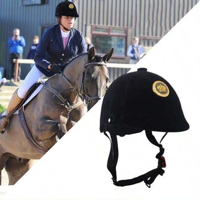 1顶黑色天鹅绒马术头盔，带金色皇冠徽章，ABS加固外壳，可调节尺寸，适用于骑马活动、马术训练、比赛或户外骑行。