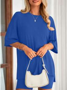 PRETTYGARDEN Women's Summer Clothes 2 Piece Sets Lounge Set Casual Oversized Shirts Biker Shorts Matching Airport Travel Sweatsuit Set Women Vacation Outfit Royal Blue Summer Brunch Outfits For Women - 寶藍色 - 查看 5