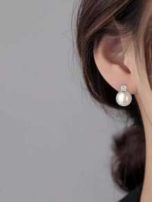 1 Pair Handmade Pearl Earrings, Button Pearl Earrings, Bridal Wedding, Birthday Gift For Women - Silver - View 5