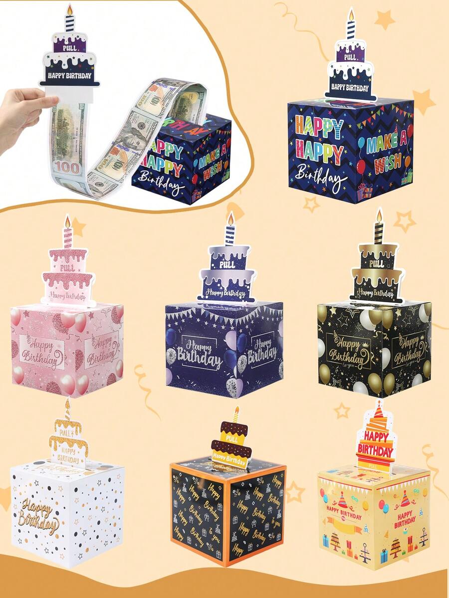 一套生日现金礼盒，可拉出式生日现金礼盒，生日礼物，生日派对回礼，带可拉出式生日贺卡和透明袋的生日现金礼盒包装盒 - 创意现金礼物方案，节日庆祝派对道具，生日派对装饰，生日派对用品