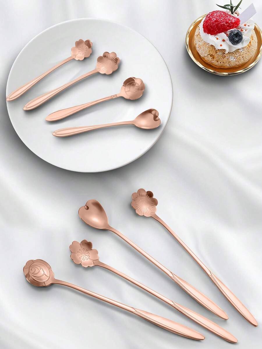 4pcs Flower Design Spoon - Rose Gold - View 1