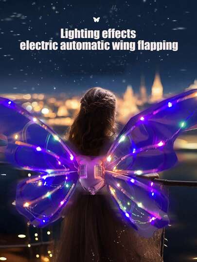 Disfraz de alas eléctricas para niñas, con iluminación + música + aleteo automático de alas, modo música/silencio, para juego de roles/fiesta/parque temático/boda/Halloween/Navidad, ensamblaje DIY, correa ajustable para el hombro, regalo