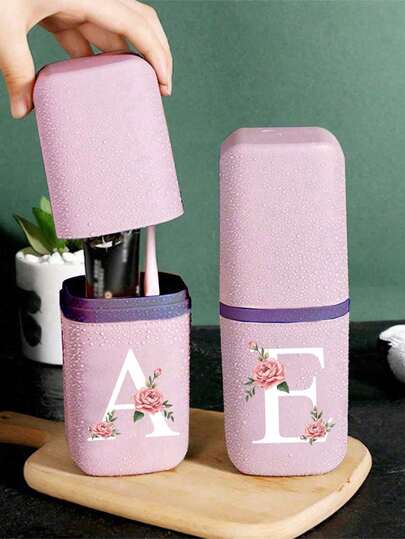 Portable Travel Toothbrush Box With A-Z Letters And Flower Decorations, Bathroom Supplies, Outdoor Travel Toothbrush Toothpaste Storage Box, Letter Series Printed Dust-Proof Organizing Box, Travel Essentials, Back To School Learning Supplies, Holiday Camping Essentials, Summer Vacation Supplies, Bathroom Supplies, Household Items, Storage Supplies