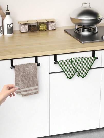 1/2pcs Kitchen Sink Towel Rack, Cabinet Door Hanging Towel Rack, Black No-Drill Cabinet Door Organizer Rack, Suitable For Kitchen Cabinet, Multi-Purpose Towel Rack