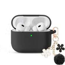 Funda protectora de silicona suave para AirPods, con llavero de cadena de flores y kit de limpieza - Negro - Ver 1