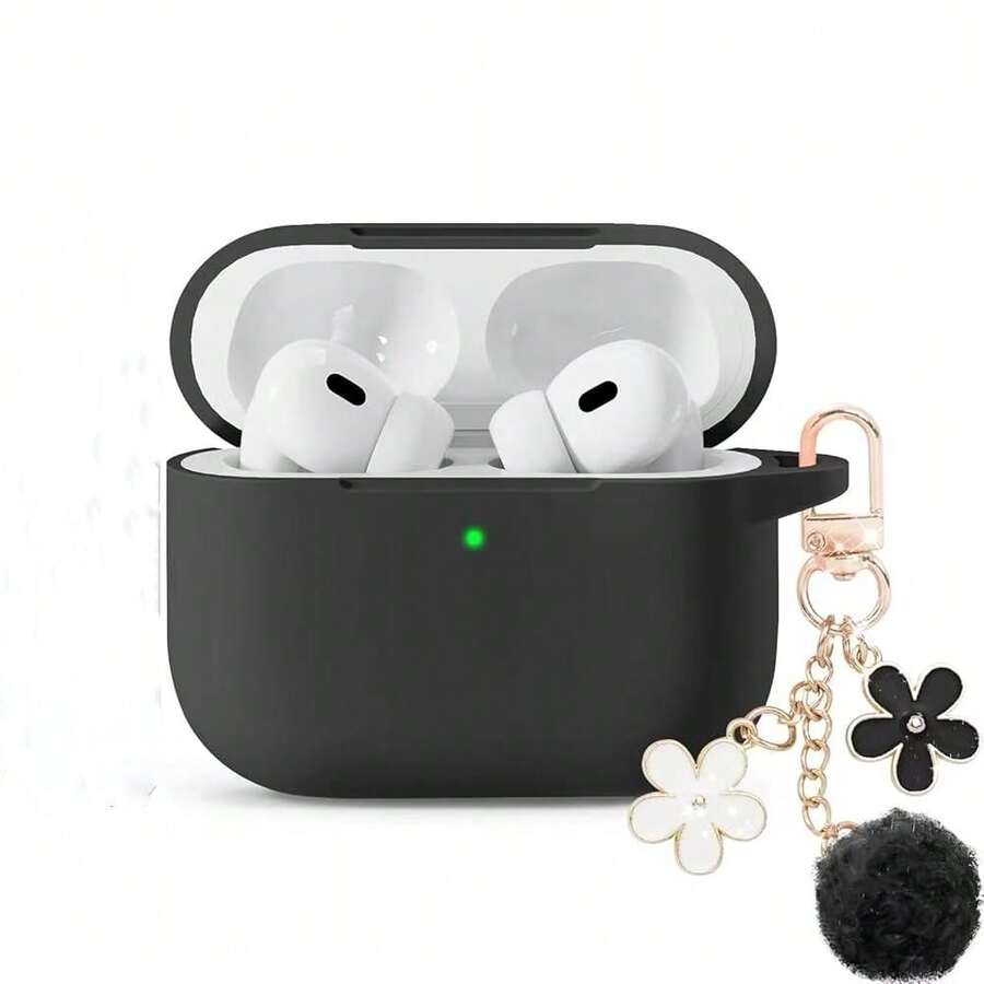 Funda protectora de silicona suave para AirPods, con llavero de cadena de flores y kit de limpieza - Negro - Ver 1