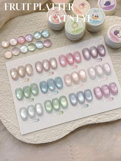 2026新款情人节礼物春夏水果拼盘猫眼系列瓷蓝、绿、紫水晶猫眼凝胶指甲油，春夏色彩极光凝胶杯猫眼磁性美甲套装，含底胶和面胶，需UV固化，植物基凝胶，12色套装，适合初学者、家庭、办公室、通勤、约会等场合，无病毒，流行沙龙级风格，可保持28天。