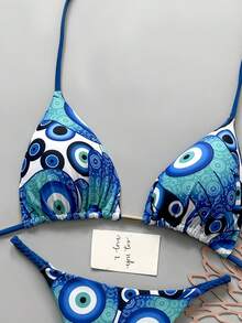 2pcs Casual Cute Elegant Sexy Bohemian Floral Tie-Up Braided Bikini Swimwear, Beach Vacation, Spring/Summer - Blue - View 3