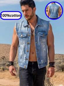 Men's Sleeveless Ripped Denim Vest - Casual Street Style Jacket, Lapel Design, Button Front, Chest Pocket, Suitable For All Seasons, Rugged Denim Style | Durable Ripped Denim Jacket | Sleeveless Jacket | Streetwear - Màu xanh lam - Xem 4