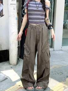 Quần jeans ống rộng phong cách đường phố Mỹ, quần cargo cho nữ, kiểu dáng thường ngày, thích hợp cho mùa xuân. - Màu Khaki - Xem 3
