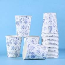10/20/40pcs,Easter Paper Cups Party Favor Cups 9 Oz Blue White Retro Bunny Rabbit Chinoiserie Floral Disposable Drinking Cup For Spring Wedding Birthday Party Supplies,Blue Vintage Bunny & Floral Paper Cups - Chinoiserie Line Art Design - Multicolor - View 2
