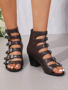 女士棕色新款时尚朋克风圆头镂空鞋面皮带扣装饰夏季户外休闲派对后拉链设计套脚粗跟踝靴凉鞋 - 棕色 - 查看 5