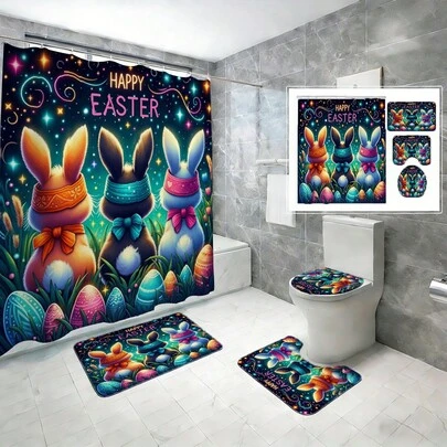 1/3/4PCS Starry Night Easter Bunny Bathroom Set (4 Pieces) - Home Decor, Bathroom Curtain, Bathroom Set, Including Shower Curtain And Shower Curtain Set. This Decorative Bathroom Set Includes A Shower Curtain, U-Shaped Toilet Seat Cover, Non-Slip Mat, Toilet Seat Cover, And 12 Shower Curtain Hooks. Suitable As A Housewarming Gift, Birthday Present, Holiday Gift, Or A Gift Between Boyfriends/Girlfriends.