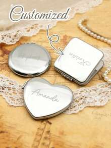 Customized Engraved Silver Compact Makeup Mirror, Personalized Pocket Mirror, Customized Engraved Heart-Shaped Makeup Mirror, Customized Silver Compact Makeup Mirror, Bridesmaid Gift, Birthday Christmas Gift For Her, Bridesmaid Thank You Gift, Floral Makeup Mirror, Women's Pocket Mirror, Bridal Party Gift - Multicolor - View 4
