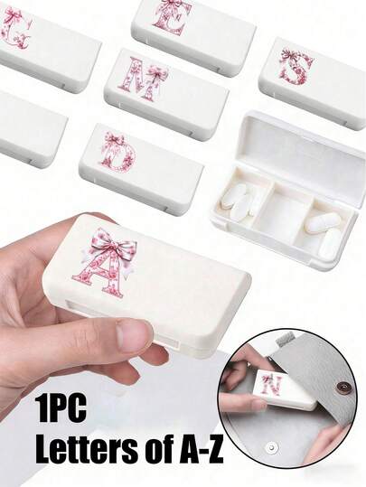 3-Compartments Mini Pill Box, Pill Case With Printed Stylish A-Z Pink Bow Letter, Portable Travel Pill Organizer, Compact And Convenient, Suitable For Trave Medicine Box, Cute Weekly Travel Pill Case Organizer, Independent Compartment Case,Supplement Case For Purse, Pocket And On-The-Go Use -3 Grids Travel Medication Carry Case - Daily Vitamin Organizer Box, Medicine Container, Lightweight & Easy To Carry Personalized Health Accessory