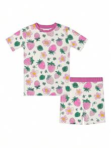 Bamboo Fiber - Summer Strawberry Print Set, Cute Pink Print, Comfortable And Fitted, Highly Elastic, Machine Washable, Suitable For Outdoor Summer Infant Boy Girl Use. - Màu Hồng baby - Xem 1