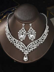 3件套银色新娘项链耳环首饰套装，优雅婚礼派对配饰 - 銀色 - 查看 5