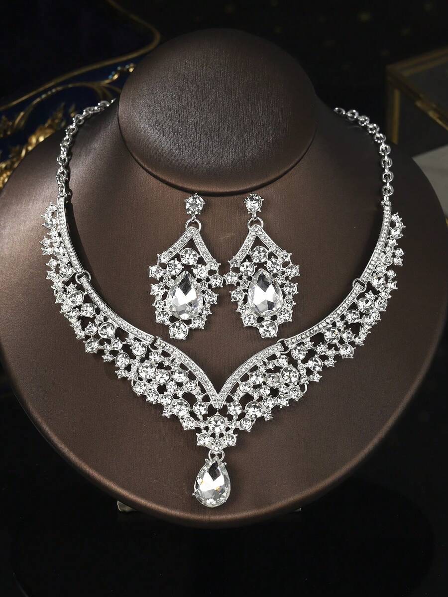 3件套银色新娘项链耳环首饰套装，优雅婚礼派对配饰
