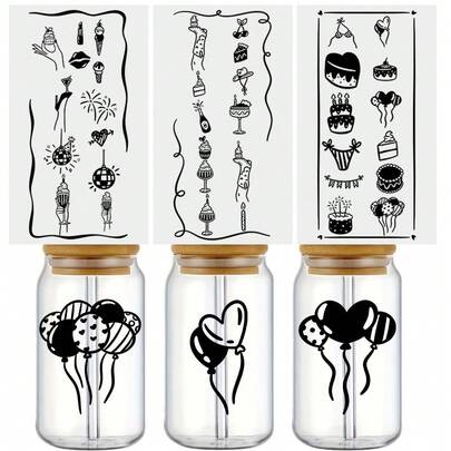 3张黑色手绘“生日快乐”图案UV DTF贴纸，贴纸艺术与手工制品，专为骑行设计，防水防刮，适用于玻璃杯、马克杯、礼品盒、手机壳、书签、笔记本、骑行头盔、自行车车架、轮毂等表面，可用于书房装饰、家居装饰、节日装饰、骑行装饰、氛围装饰等，为生活增添独特点缀。