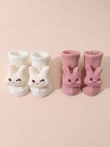 2 Pairs Baby Cute Cartoon Solid & Striped Mid-Calf Socks, Anti-Slip Sole, Versatile Baby Socks, Suitable For Daily Wear - Multicolor - View 2
