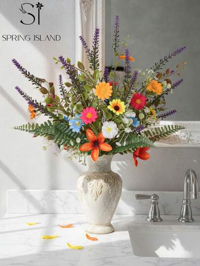 1/2pcs Artificial Mixed Color Small Flower Bouquet, Includes 5 Small Flowers Paired With 1 Large Daisy. Made Of Realistic Plastic Material. Suitable For Office, Bedroom, Living Room, Garden, Balcony, Railing And Yard Decor. Applicable For Parties, Photography And Birthday Gifts. Ideal For Mother's Day, Easter, St. Patrick's Day And Wedding Season.