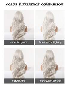 26" Silver White Wavy Wig With Fringe, Heat Resistant Synthetic Hair With Elastic Net Cap For Cosplay & Festival Outfits - White - View 8