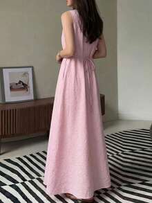 无袖系带亚麻质感优雅连衣裙，侧边口袋设计，简约时尚夏季/度假装扮，粉色 - 粉色 - 查看 3