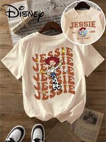 The Green T-Shirt Is Printed With The Repeated Pattern Of Jessie Jessie, The Character Of Toy Story, And Her Name. Disney's New Short-Sleeved T-Shirt Tops In Summer Are Ladies' Casual Fashion, Printed T-Shirts And Elegant Women's Dresses. - Apricot - View 1