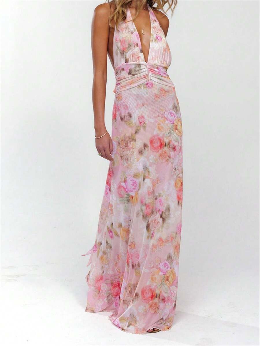 Womens Boho Floral Print Halter Maxi Bodycon Dress Deep V Neck Sleeveless Backless Dresses Cocktail Long Dress Beach Vacation Party Sundress Outfit - 粉色 - 查看 1