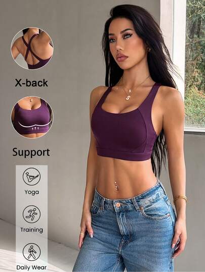 Women's Fitted Solid Color Cross Back Padded Sports Bra Suitable For Yoga, Fitness, Running, Pilates