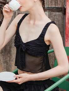 Women Tie Front Peplum Top Cute Summer Going Out Flare Hem Ruffle Cami Tops - Black - View 4