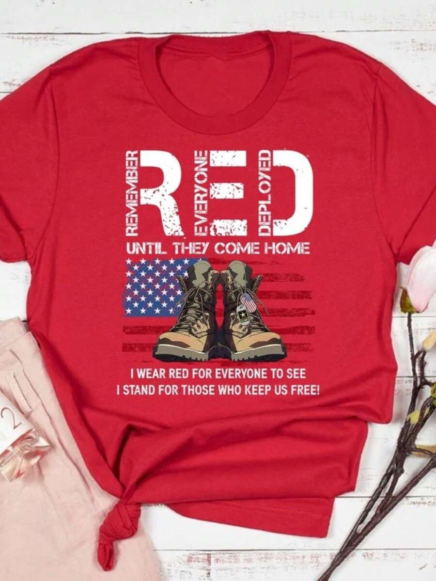On Friday We Wear Red T-Shirts: American Veterans' Shirts Commemorating All Deployeds, 100% Regular-Fit American Flag Veterans T-Shirts, American Flag Military Sweatshirts, On Friday We Wear Red Shirts - 紅色 - 查看 1
