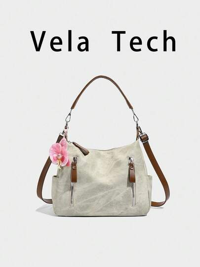 2026新款女士单肩包，小众设计，大容量通勤休闲百搭简约时尚斜挎包，PU质感牛仔布纯色设计，舒适材质手提包，拉链封口，可拆卸肩带，多口袋，容量大，带吊坠，适合秋季使用