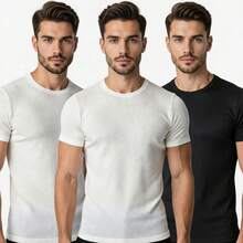 Kit Of 3 Men's Ribbed T-Shirts, American Slim Fit, 100% Cotton - 2 White and 1 Black - View 2