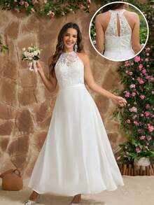 YUMIBRAVO Romantic Lace Wedding Dress, Off-Shoulder Bridal Gown, Hollow-Out Wedding Dress, Ladies White Dress, Ladies Long Evening Gown, Ladies Formal Elegant Prom Dress, Ladies Formal Elegant Summer Wedding Party Dress Spring - White - View 2