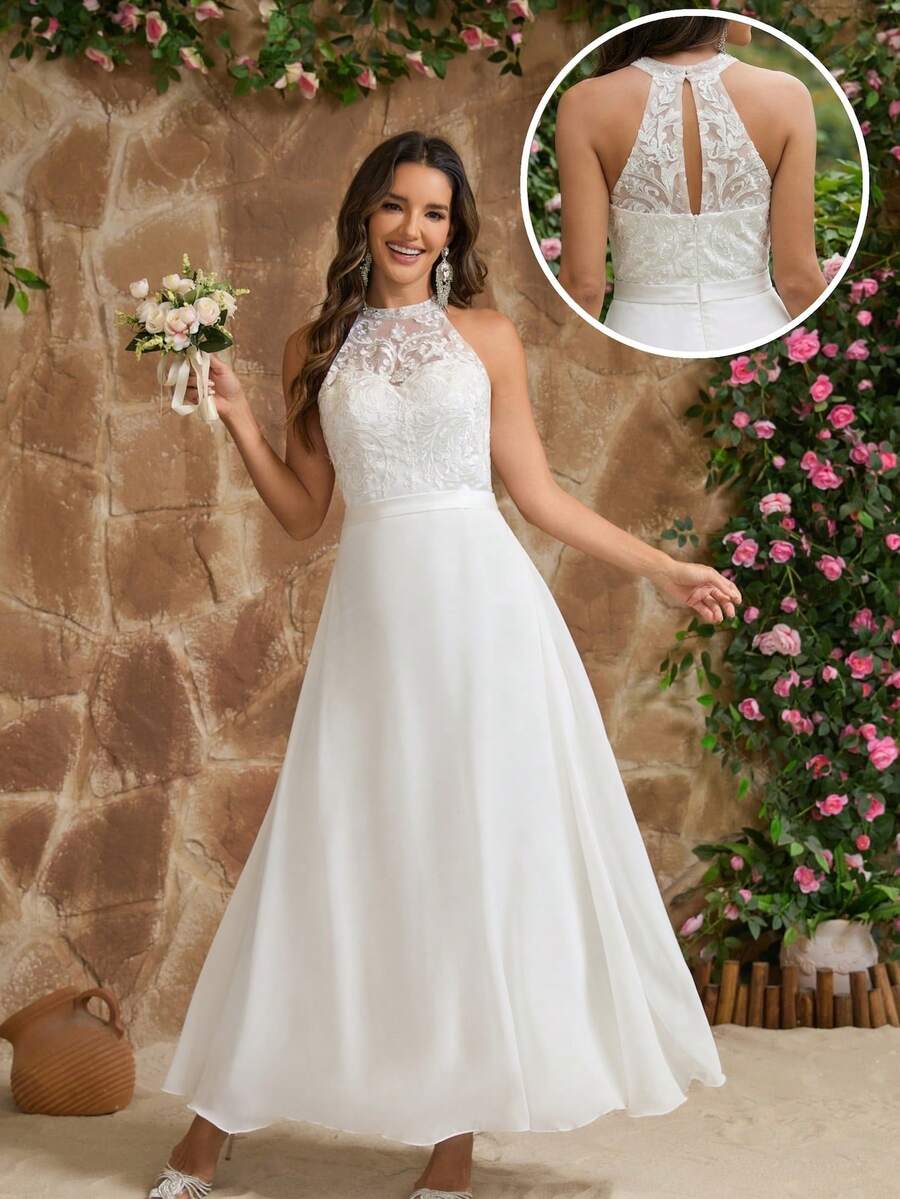 YUMIBRAVO Romantic Lace Wedding Dress, Off-Shoulder Bridal Gown, Hollow-Out Wedding Dress, Ladies White Dress, Ladies Long Evening Gown, Ladies Formal Elegant Prom Dress, Ladies Formal Elegant Summer Wedding Party Dress Spring