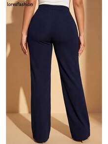 Pantalón de vestir mujer cintura alta pierna ancha stretch crepé casual elegante para oficina reuniones eventos bolsillos pretina elasticada botón forrado antiarrugas sin transparencia suave - Azul Marino - Ver 4