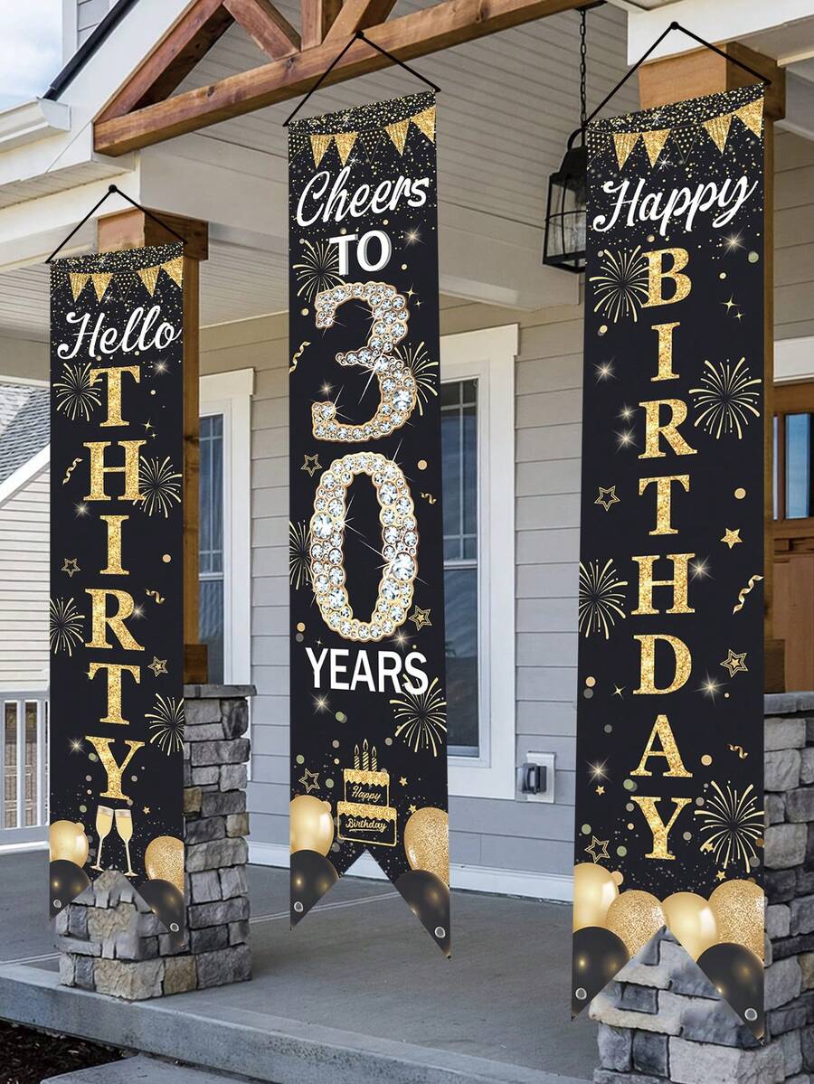 3件套30岁生日门帘套装，黑色和金色30岁生日涤纶挂饰，30岁生日旗帜，30岁生日快乐，气球蛋糕香槟烟花设计，生日派对装饰旗帜，30岁生日装饰，30岁生日家居装饰门帘，30岁生日派对房间装饰，拍照背景道具，派对礼品