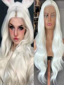 白色假发，自然波浪卷，蕾丝合成纤维前蕾丝假发，无需胶水，即戴即用，长款白色假发，女士无胶蕾丝假发 - 彩色 - 查看 14