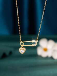 1pc Fashion Safety Pin Necklace With Cubic Zirconia Heart Pendant, Stainless Steel Chain, Copper Pendant Zirconia Inlaid With Quality , Valentine's Day Gift For Women, Everyday Wear - Pin - View 8