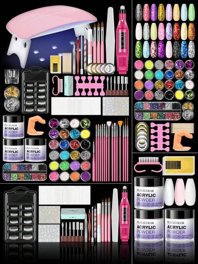 peacecolor Complete Acrylic Nail Kit-10G Clear Pink White Nail Powder Nail Lamp And Electric Nail Drill For Women DIY Acrylic Nails Extensions Carving Salon Nail Supplies Gifts