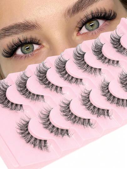 7对5-15毫米长可重复使用加长型仿貂毛假睫毛，多层卷翘蓬松，浓密交叉，柔软丰盈，打造魅惑凌乱猫眼妆效，适合新手，舒适百搭，适合节日和派对场合。