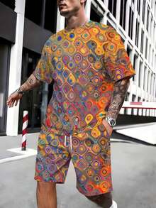 Two-Piece, Colorful And Flowing, Knitted Fabric, Rich In Color, Men's Theme Parties, Summer Terrace Soirees, Yellow Background With Colorful Circle Fluid Pattern, Men's Short-Sleeve Beach Pants Set - 彩色 - 查看 3