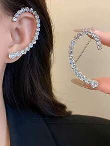 Geometric Crystal Earrings, Fashionable Elegant Niche Design Fully Paved Arc-Shaped Asymmetric Earrings - Silver - View 5