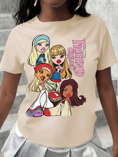 一件Y2K卡通娃娃印花“Friend Squad”字母图案T恤，适合青少年女孩，休闲圆领短袖上衣，街头风，可搭配，适合夏季和校园日常穿着