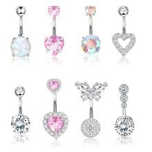 4pcs 14G Belly Button Rings Surgical Stainless Steel Round, Heart, Butterfly Cubic Zirconia Elegant Navel Barbell Stud Body Piercingm 10mm - Multicolor - View 5