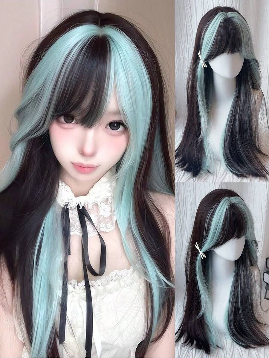 棕黑色挑染薄荷绿长直假发，女士自然发合成洛丽塔假发，日常角色扮演耐热假发