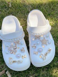 20件套珍珠花朵、海星、蝴蝶、蝴蝶结、链条鞋饰，可拆卸复古DIY仿珍珠花卉花园鞋饰，适合节日和生日派对礼物 - 金色 - 查看 6